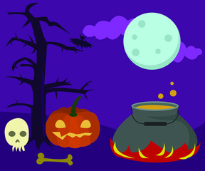 Fototapeta premium A Halloween card with pumpkin, skull, bat, moon and boiler.