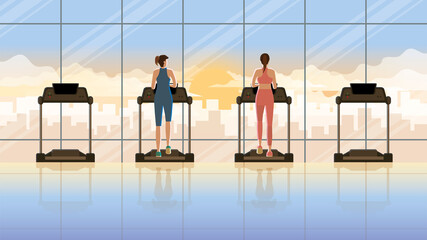 Love moment concept of LGBT females while running on treadmill at fitness center in early morning sunrise. Everyday daily routine of active healthy people city lifestyle of diligent cardio exercise.