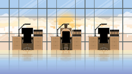 Working overnight salary man. Employee sit and work in his desk working room. Professional occupation office people city lifestyle of work hard overtime overwork. Alone in the early morning sunrise.