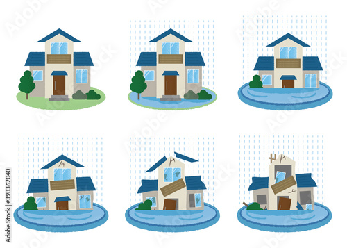 水害に遭う住宅のベクターイラストセット Wall Mural Icim 水害に遭う住宅のベクターイラストセット Wall Mural Icim
