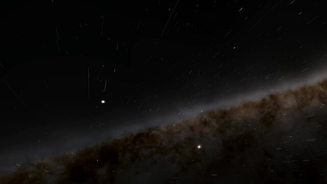 Exploration of galaxies through outer space towards a bright milky-way galaxy. 4K looping animation of flying through bright nebulae, clouds, and star fields.