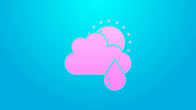 Pink line Cloud with rain and sun icon isolated on blue background. Rain cloud precipitation with rain drops. 4K Video motion graphic animation
