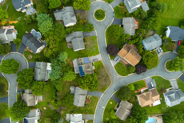 Aerial view of a triple cul-de-sac in Rockville, Montgomery County, Maryland, a suburb of Washington, DC. - obrazy, fototapety, plakaty