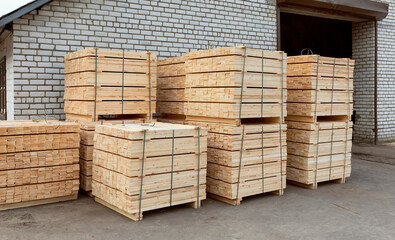 Packed boards, lumber piles in the finished goods warehouse