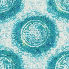 Teal blue fish weathered grunge nautical texture background. Summer coastal living farmhouse home decor tile. Rustic sea life fishes material. Worn turquoise dyed beach textile seamless pattern.