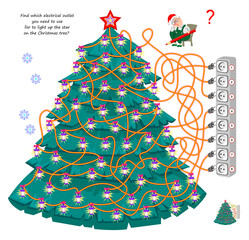 Logic puzzle game with labyrinth for children and adults. Find which electrical outlet you need to use for to light up the star on the Christmas tree? Brain teaser book. IQ test. Play online.