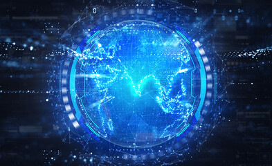 Map of the planet. World map. Global social network. Future. Blue futuristic background with planet Earth. 3d illustration.