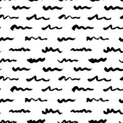 Wavy and swirled brush strokes vector seamless pattern. Black paint freehand scribbles, abstract ink background. Horizontal brushstrokes, smears, lines, squiggle pattern. Abstract wallpaper design