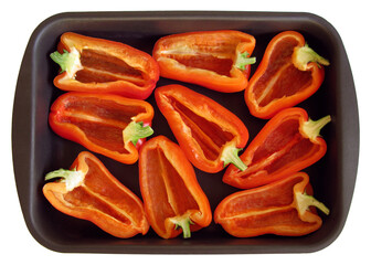 Red ripe stuffed sweet Bulgarian bell pepper paprika vegetable background texture photo