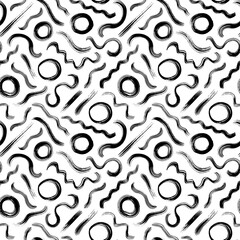 Geometric vector seamless pattern with wavy lines and circles. Grunge brush stroke round shapes and diagonal swirls. Hand drawn ink illustration. Hipster black paint geometric background. 