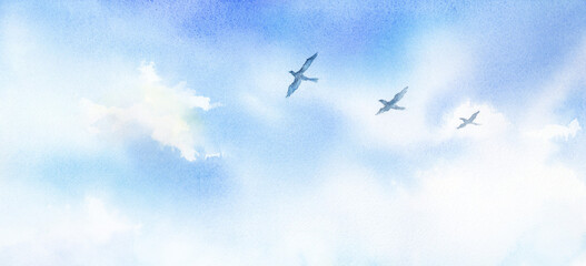 空に羽ばたく鳥3羽　水彩画