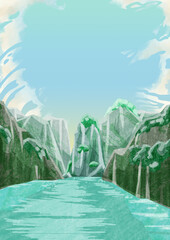 山間に流れる川の風景水彩風イラスト