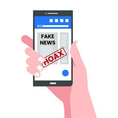 hand holding smartphone read fake news / hoax
