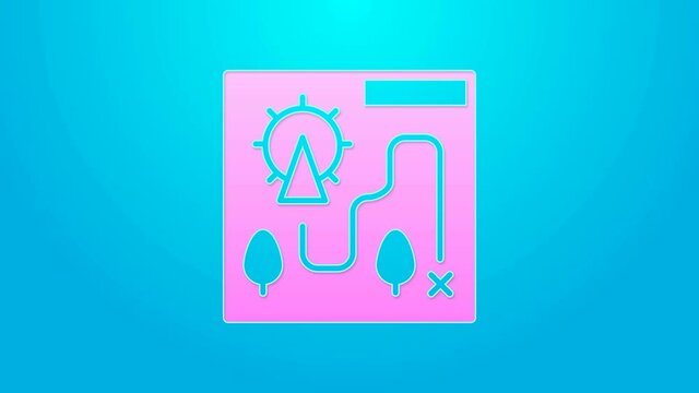 Pink line Amusement park map icon isolated on blue background. Entertainment in vacation. 4K Video motion graphic animation