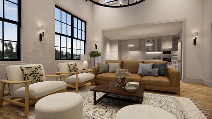 Fototapeta na wymiar 3d rendering. Interior house modern open living space with kitchen.Loft style Duplex apartment residence.Home decoration luxury interior design.