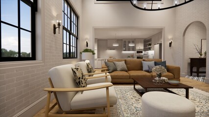 3d rendering. Interior house modern open living space with kitchen.Loft style Duplex apartment residence.Home decoration luxury  interior design.