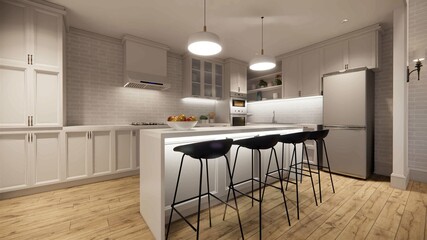 3d rendering. Interior house modern open living space with kitchen.Loft style Duplex apartment residence.Home decoration luxury  interior design.