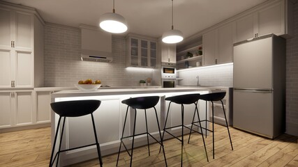 3d rendering. Interior house modern open living space with kitchen.Loft style Duplex apartment residence.Home decoration luxury  interior design.