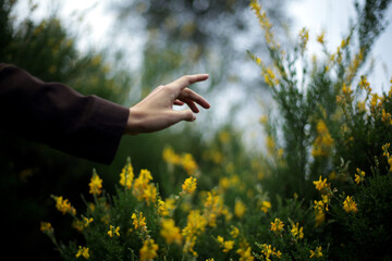 Close up picture of woman hand reaching nature with yellow flower and green background