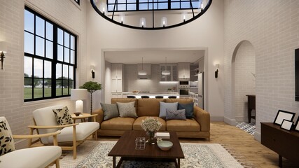 3d rendering. Interior house modern open living space with kitchen.Loft style Duplex apartment residence.Home decoration luxury  interior design.