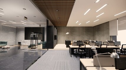 3d Rendering Interior Empty Modern Loft Office open space modern office footage.Modern open concept Lobby and reception area meeting room design.