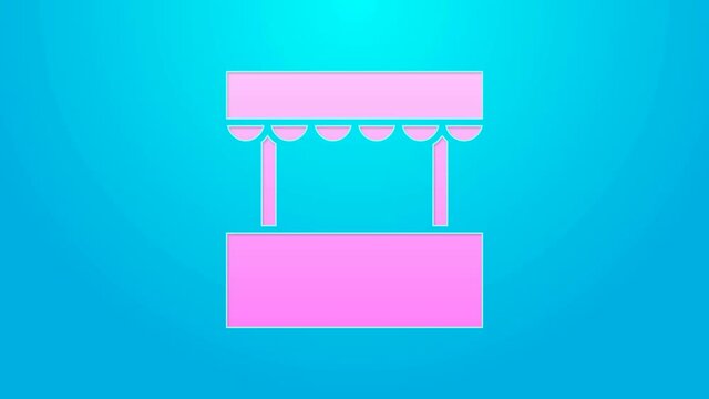 Pink line Ticket box office icon isolated on blue background. Ticket booth for the sale of tickets for attractions and sports. 4K Video motion graphic animation