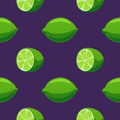 Cute seamless pattern with lime fruits on dark background. 