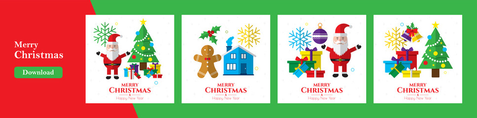 Vector Christmas illustration, santa, christmas and holiday background. Design of bell, stocking, christmas tree, reindeer, present, Santa Claus, snowman. Christmas celebration and decoration.