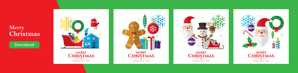 Vector Christmas illustration, santa, christmas and holiday background. Design of bell, stocking, christmas tree, reindeer, present, Santa Claus, snowman. Christmas celebration and decoration.