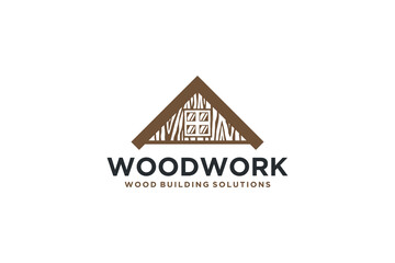 Wood work logo, wooden house builder logo business, carpenter handyman, plank wood home icon.