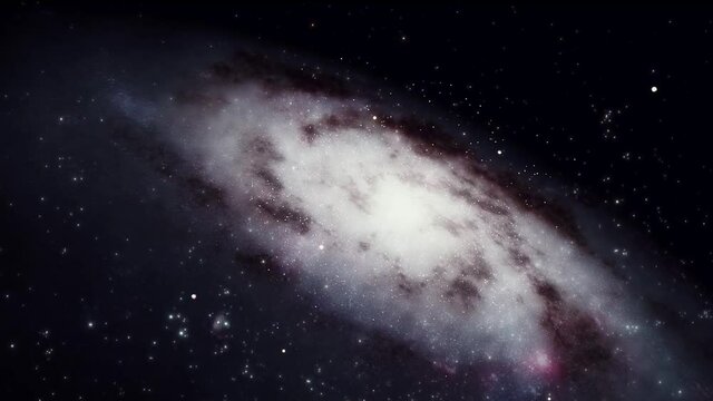 Exploration of galaxies through outer space towards a bright milky-way galaxy. 4K looping animation of flying through bright nebulae, clouds, and star fields. 