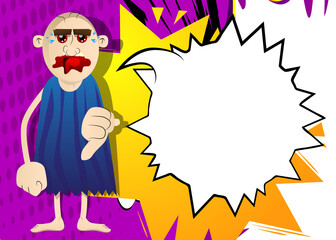 Cartoon man from prehistoric era showing dislike hand sign. Vector illustration of a man from the stone age.