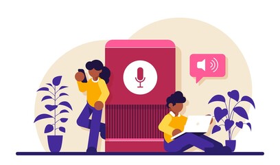 User with voice controlled smart speaker or voice assistant. Voice activated digital assistants, home automation hub, internet of things concept. Modern flat illustration.