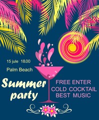 Naklejka premium Retro style poster for summer beach party invitation with coconut palm leaves, martini wineglass, frangipani flowers and hot sun
