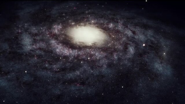 Exploration of galaxies through outer space towards a bright milky-way galaxy. 4K looping animation of flying through bright nebulae, clouds, and star fields. 