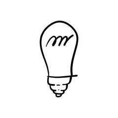 Doodle light bulb. Electric lamp hand drawn illustration. Yellow lightbulb vector sketch. Symbol of idea and solution.