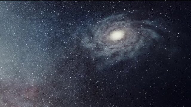 Exploration of galaxies through outer space towards a bright milky-way galaxy. 4K looping animation of flying through bright nebulae, clouds, and star fields. 