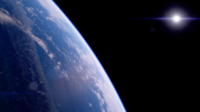 Beautiful sunrise over Earth. View from the space satellite. Cities at night. Change from Night to Day 3d Animation Rising Bright Sun. Modern business and technology concept. 4K Ultra HD.
