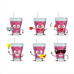 Purple juice cartoon character with various types of business emoticons
