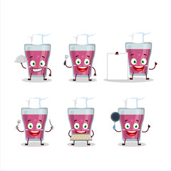 Cartoon character of purple juice with various chef emoticons