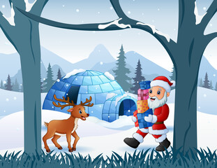 Merry Christmas with Santa Claus and deer near the igloo