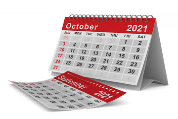 2021 year. Calendar for October. Isolated 3D illustration