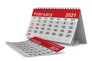 2021 year. Calendar for February. Isolated 3D illustration