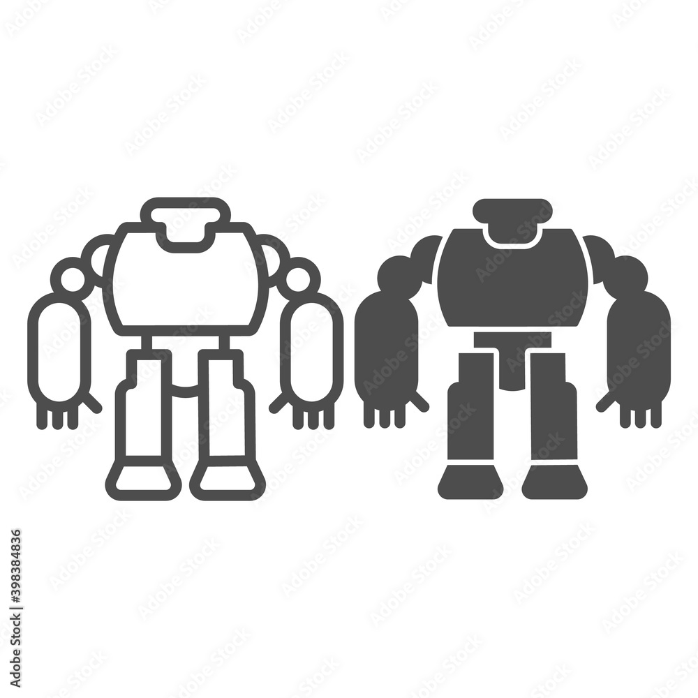 Poster robot line and solid icon, kid toys concept, cyborg sign on white background, big robot toy icon in 