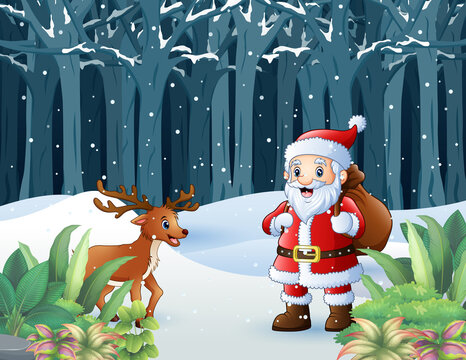 Santa Claus and a deer walking with carrying the gifts in the bag