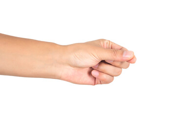 A hand pinching something in front of a white background