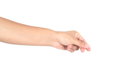 A hand pinching something in front of a white background