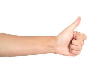The hand of a thumbing up in front of a white background