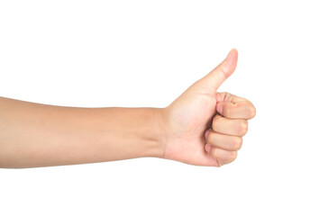 The hand of a thumbing up in front of a white background