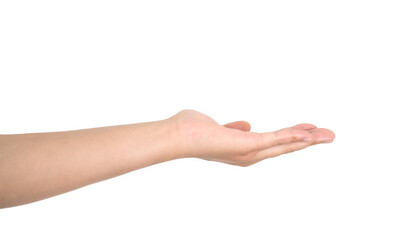 A hand pointing upwards and then gestures in front of a white background